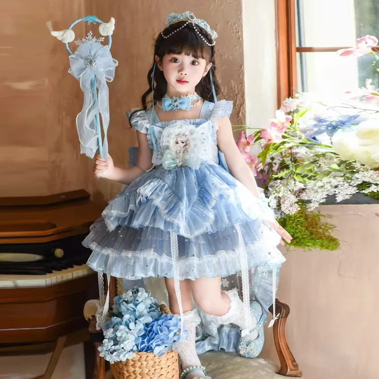 女童秋冬蓝色爱莎洛丽塔裙生日公主裙蓬蓬礼服女孩冰雪奇缘连衣裙