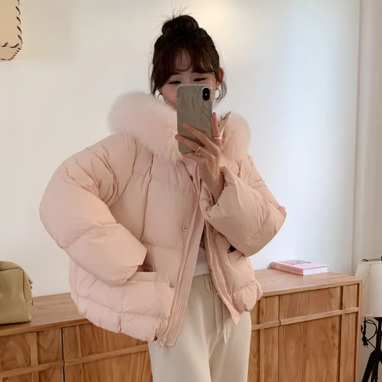2025年短款大毛领羽绒服女冬季新款小个子加厚外套90白鸭绒面包服