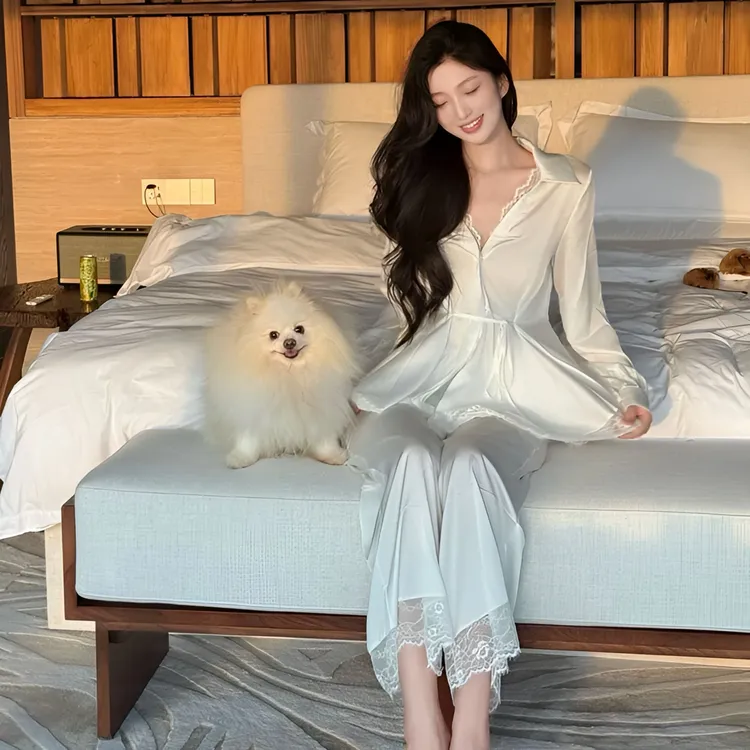 法式冰丝缎面睡衣女春秋仿醋酸高级感纯欲性感蕾丝衬衫长袖家居服