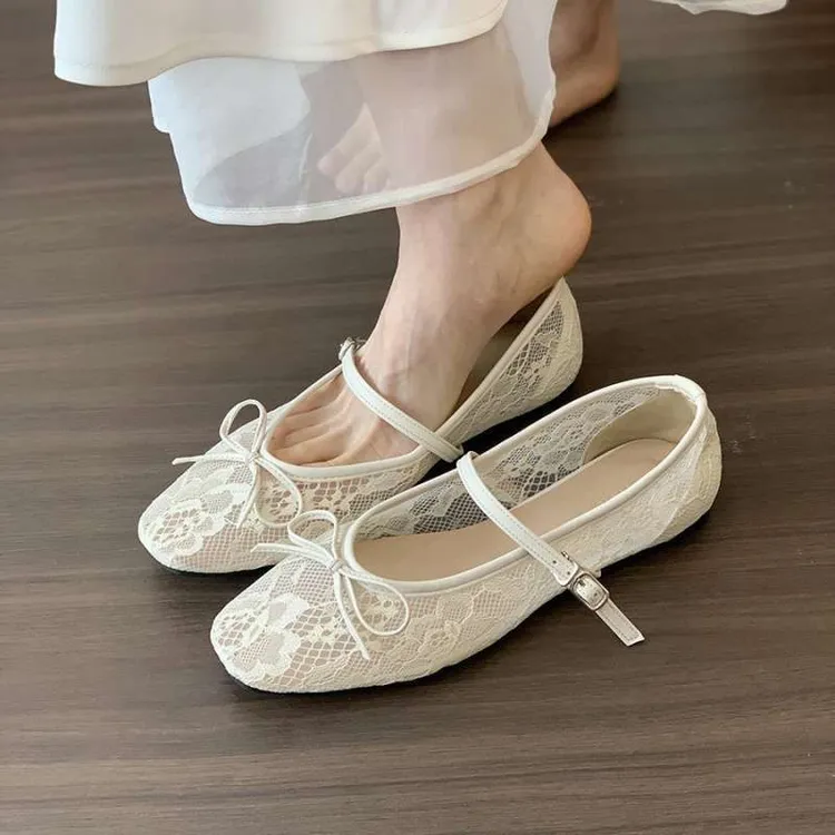 平底温柔蝴蝶结仙女白色网纱一字带芭蕾舞鞋女夏季玛丽珍新款单鞋