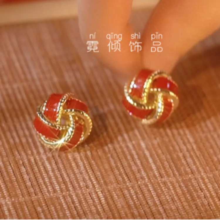 霓倾 铜合金耳饰 同心结红色简约时尚耳钉耳环