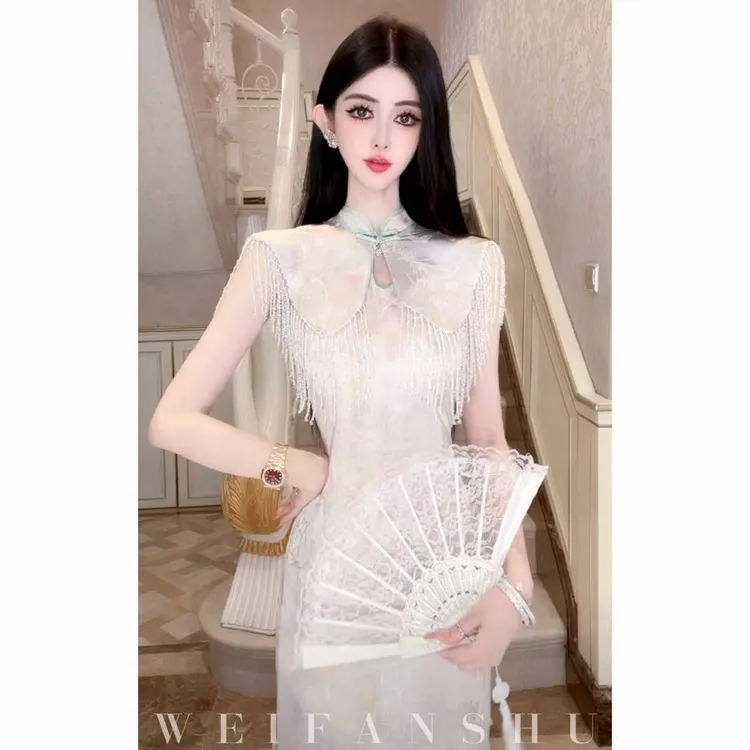 WEIFANSHU/魏凡舒【琉璃幻玉】新款流苏云肩幻彩提花旗袍连衣裙