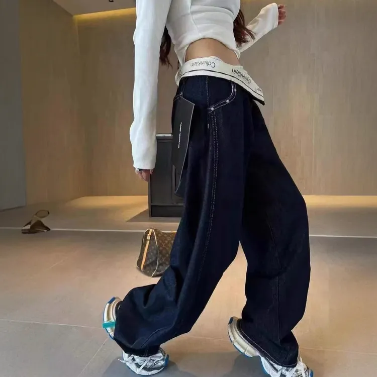 大码美式复古翻边牛仔裤女秋季宽松设计感低腰慵懒松弛直筒阔腿裤