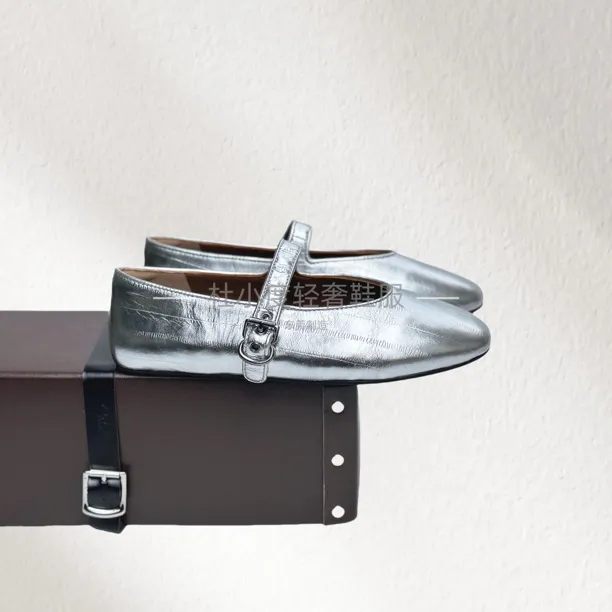 玛丽珍鞋圆头轻奢黑色浅口单鞋真皮百搭平底鞋小众软底皮鞋银色