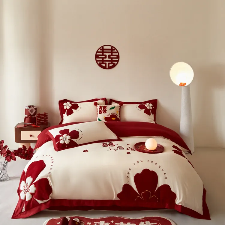 水星系列家纺高档婚庆全棉长绒棉结婚喜庆刺绣被套床单纯棉四件套