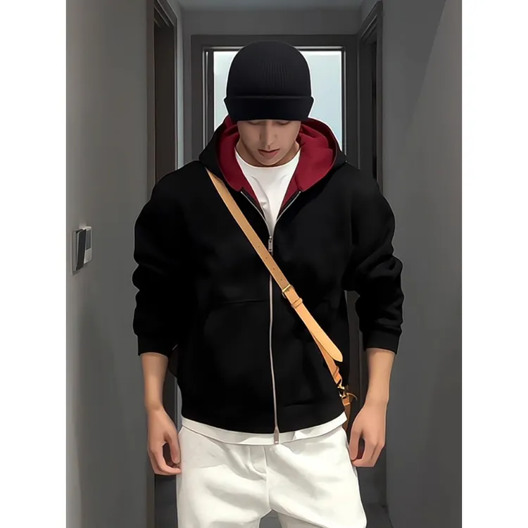 太空棉空气层卫衣男款秋季撞色拼接开衫外套高级感boxy重磅连帽衫