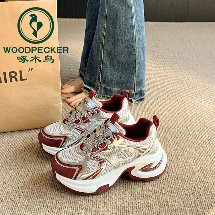 啄木鸟厚底老爹鞋女款2025春季新款百搭运动休闲鞋网面透气女鞋子