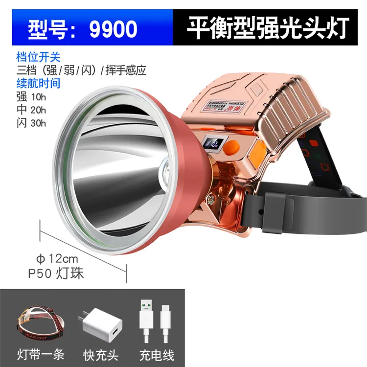 【P50感应大光斑】9900暖光强光远射P50灯芯头灯充电户外夜钓鱼