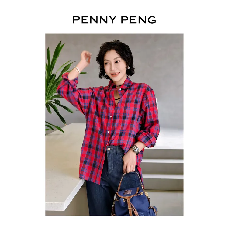 PENNYPENG 情书校对稿 翻领经典红蓝格纹衬衫休闲100棉长袖衬衣女