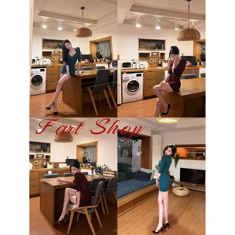 【达人专属】Farte Shop 琉璃佳人 桃心领七分袖带胸垫连衣包臀短裙F60659895