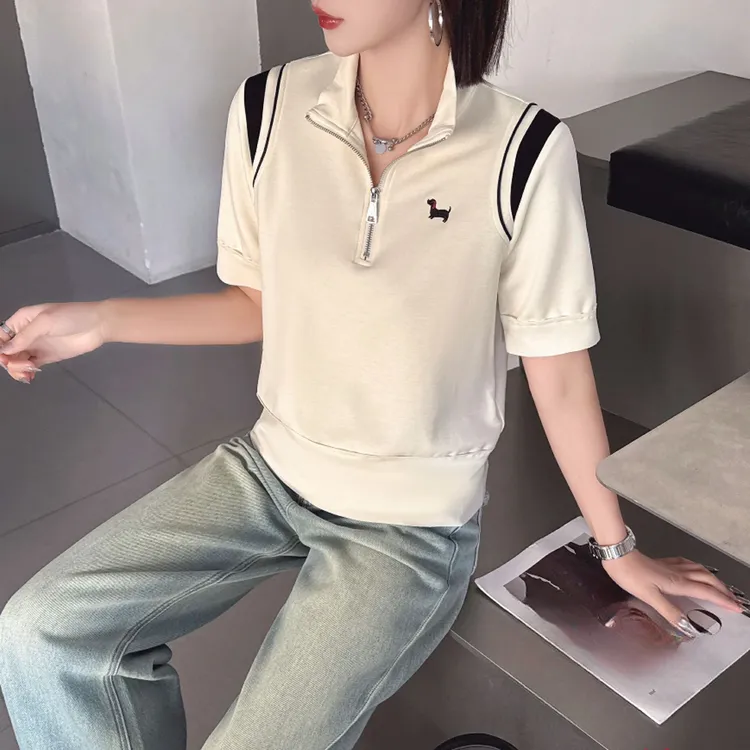 半拉链翻领T恤女夏季撞色条纹纯色T恤极简风设计嘉美时尚龙哥女装
