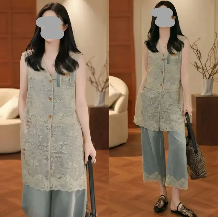 2025夏季新款轻奢欧若风设计师蕾丝拼接牛仔气质套装女洋气休闲装