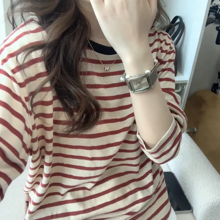 简约休闲风条纹长袖T恤女2025秋季新款宽松百搭圆领打底衫上衣ins