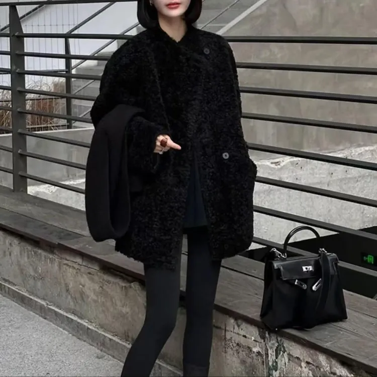 2025秋冬新款加厚显瘦中长款休闲双面保暖圆领翻领韩版外套