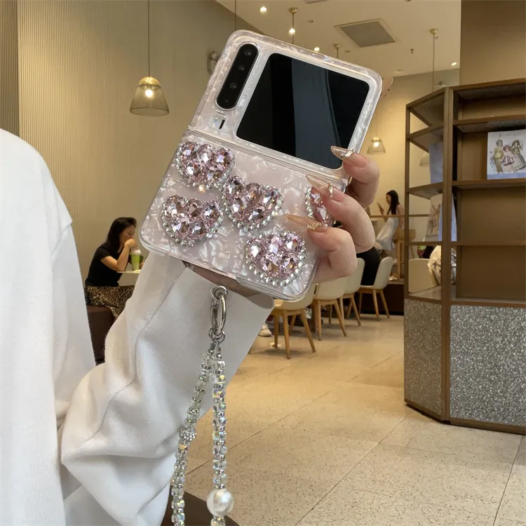 适用于华为purax手机壳贝壳纹ins仙女风爱心水钻手提链条保护壳潮