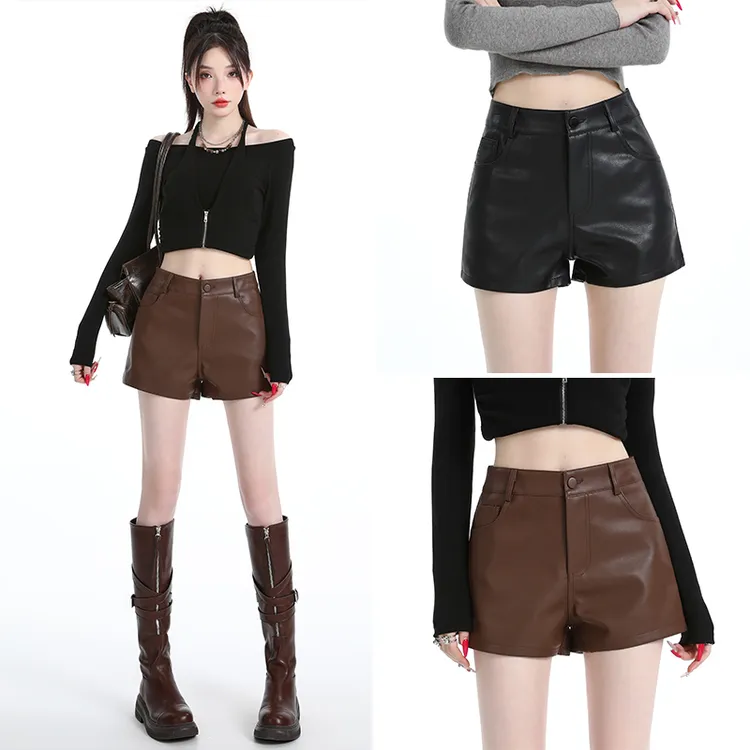 2025秋冬新款高腰显瘦黑色pu皮短裤小个子A字阔腿裤热裤外穿女装