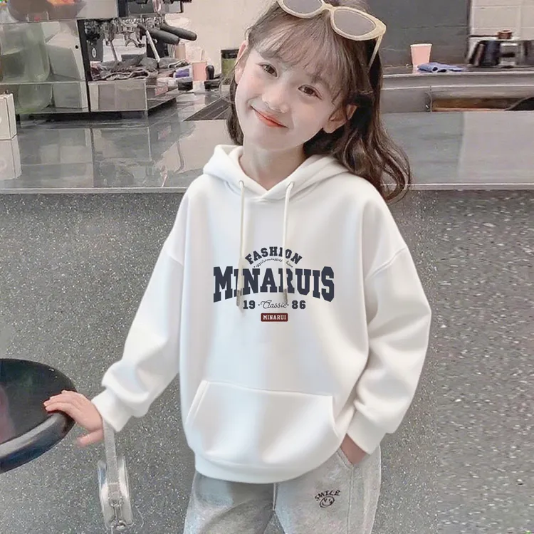 女童2025新款连帽加绒卫衣简约中大童洋气学生印花韩版ins潮上衣