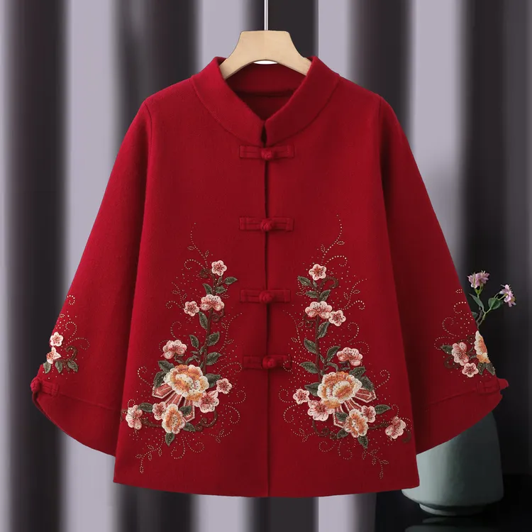 民族风气质洋气秋冬加厚针织绣花中老年大码中式中国风妈妈装