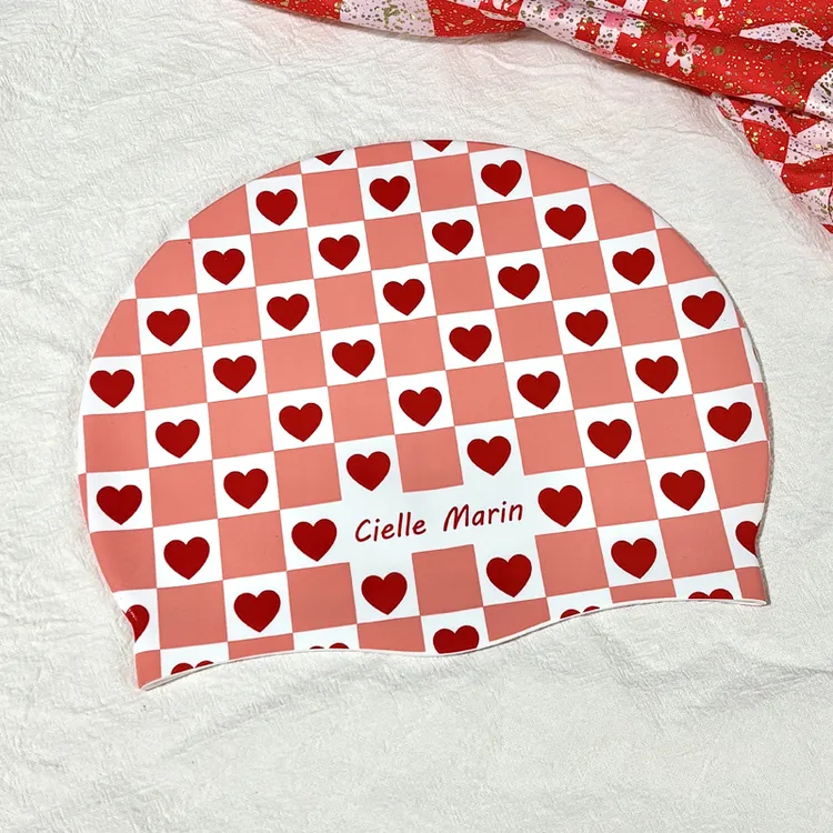 ciellemarin喜马林红格子爱心硅胶防水成人游泳帽护耳加大泳帽