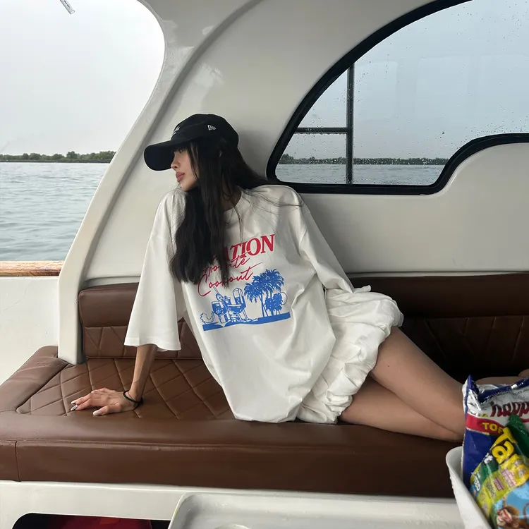 韩好甜WARDEN EDGE椰影假日白色印花T恤女夏宽松落肩圆领短袖上衣