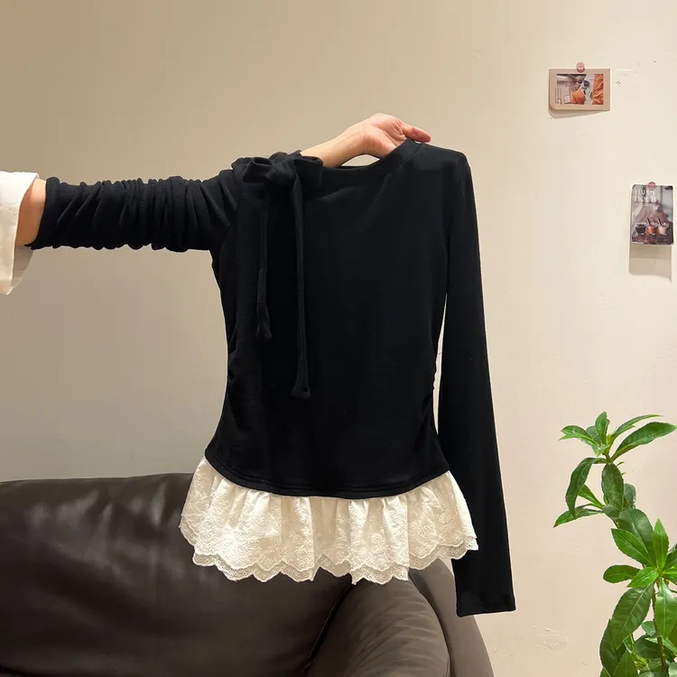 芭蕾风黑色蕾丝下摆蝴蝶结磨毛加绒长袖T恤秋季打底衫内搭上衣女