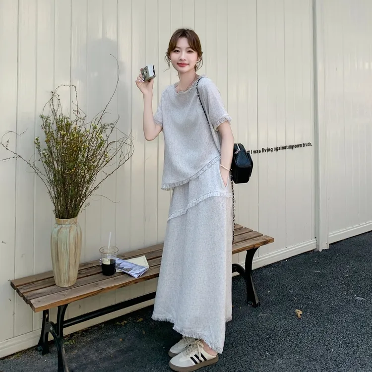 夏季减龄一整套穿搭绝美大方得体小香风流苏短袖女生韩系ins衣服
