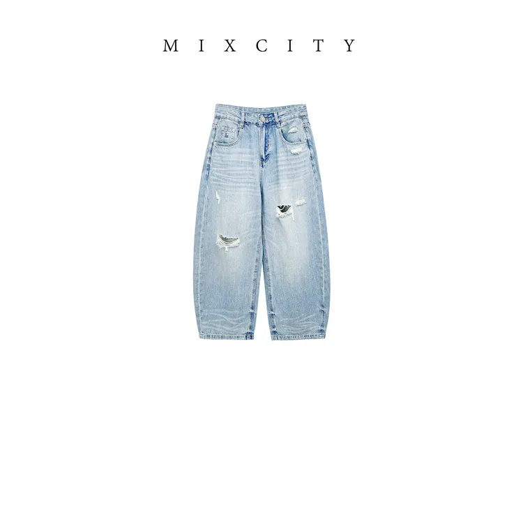 【MIXCITY亚楠家】长款破茧裤◆洗水显瘦破洞牛仔裤10219