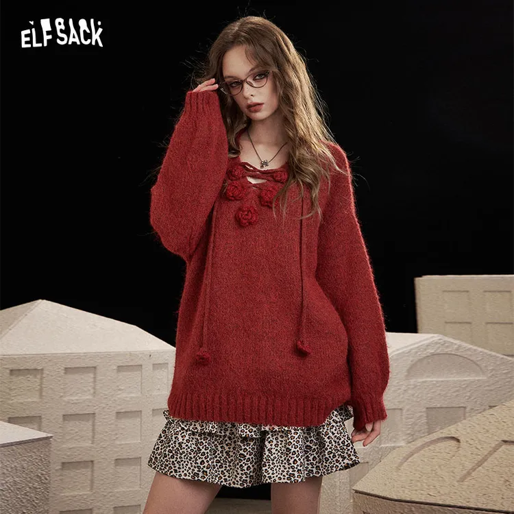 妖精的口袋红色立体玫瑰v领毛衣女2025秋冬新款慵懒风松弛感上衣