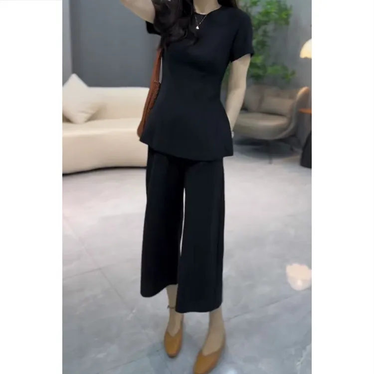 艾塔莉夏季女士薄款轻奢风职场套装收腰显瘦上衣黑色直筒八分裤子