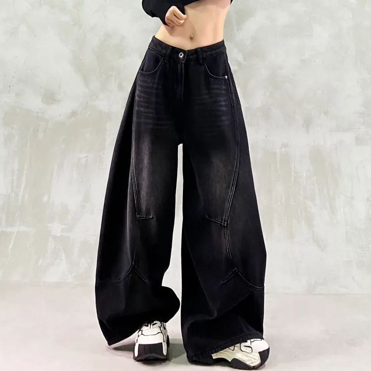 拼接设计黑灰色加绒牛仔弯刀裤女冬新款高腰宽松显瘦百搭香蕉裤潮