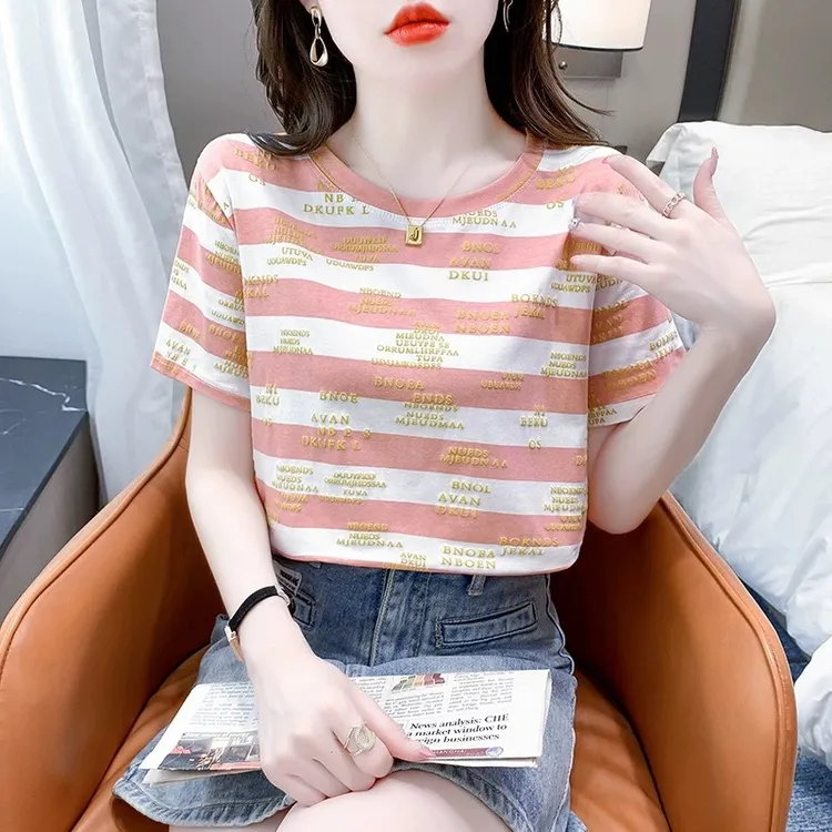 2025夏季韩版ins半袖体恤时尚条纹气质设计感显瘦短袖t恤减龄上衣