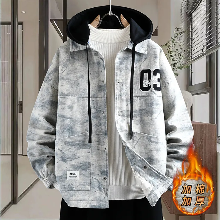 男生美式秋冬季新款加棉加厚牛仔外套潮流厚款刺绣可脱卸连帽夹克