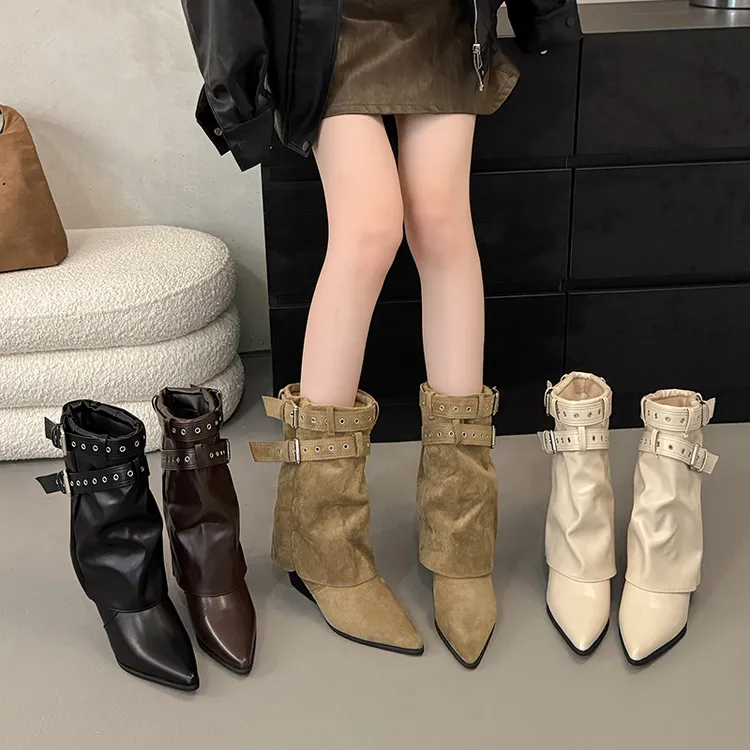 时尚辣妹皮带扣裤管靴短筒靴女靴2025早秋新款小众设计短靴西部靴