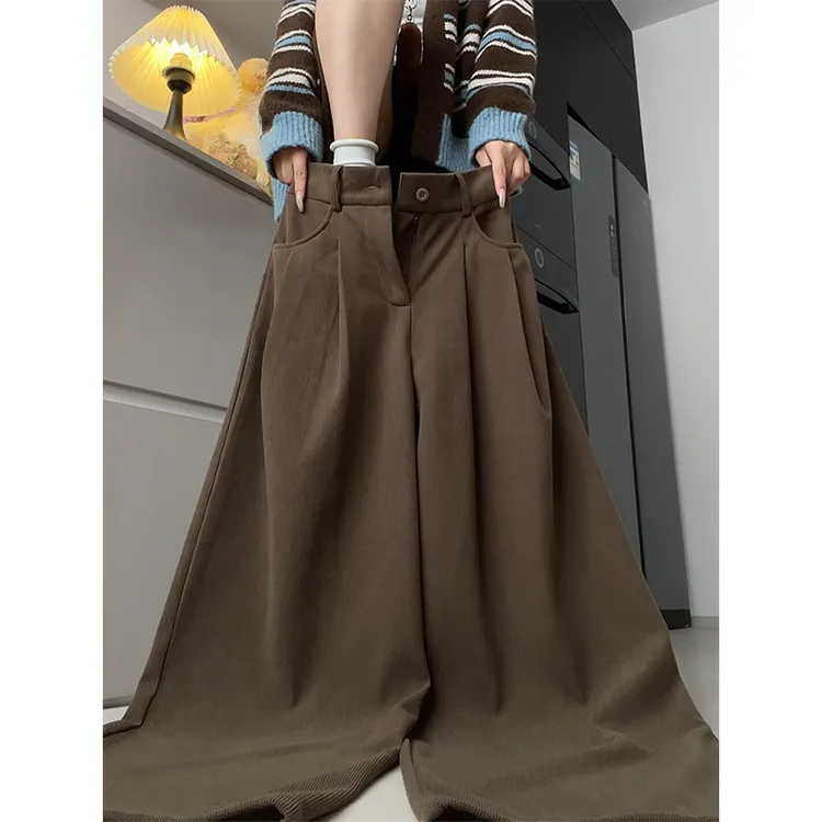 韩系棕咖色灯芯绒西装裤女秋冬高腰宽松bf慵懒风小个子直筒阔腿裤