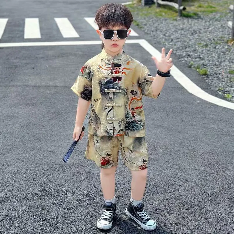 哪吒衣服儿童2026新款中式哪吒套装男童汉服夏装中式短袖唐装童装