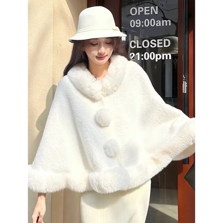 2025秋冬新款新中式国风仿水貂绒旗袍披肩斗篷纯色高级感毛领外搭