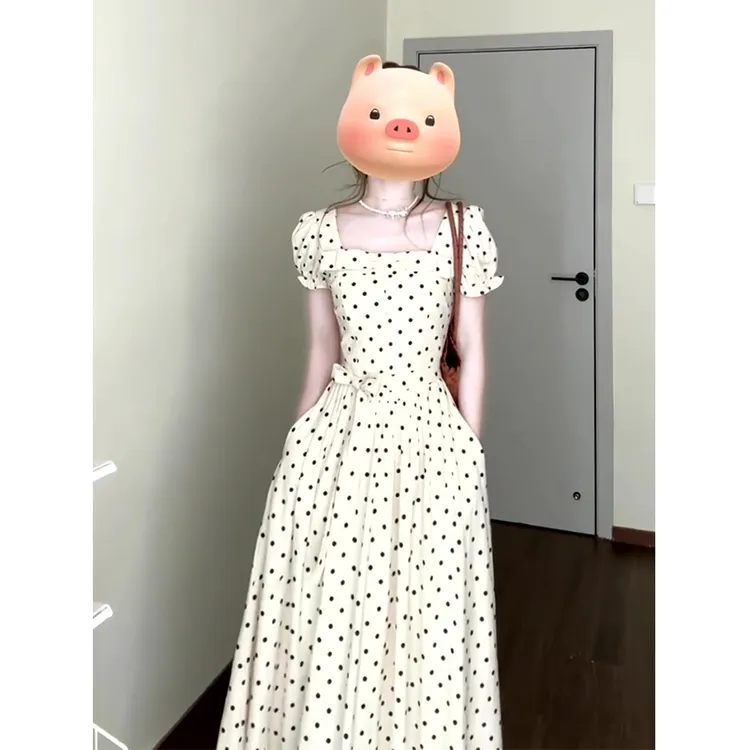 A1296#连衣裙夏季新款法式气质方领蝴蝶结收腰显瘦中长款波点裙子