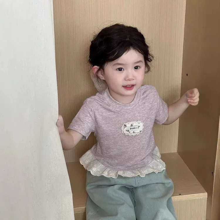 2025夏季新品童装韩版女童蕾丝花边T恤儿童公主洋气时髦短袖上衣t