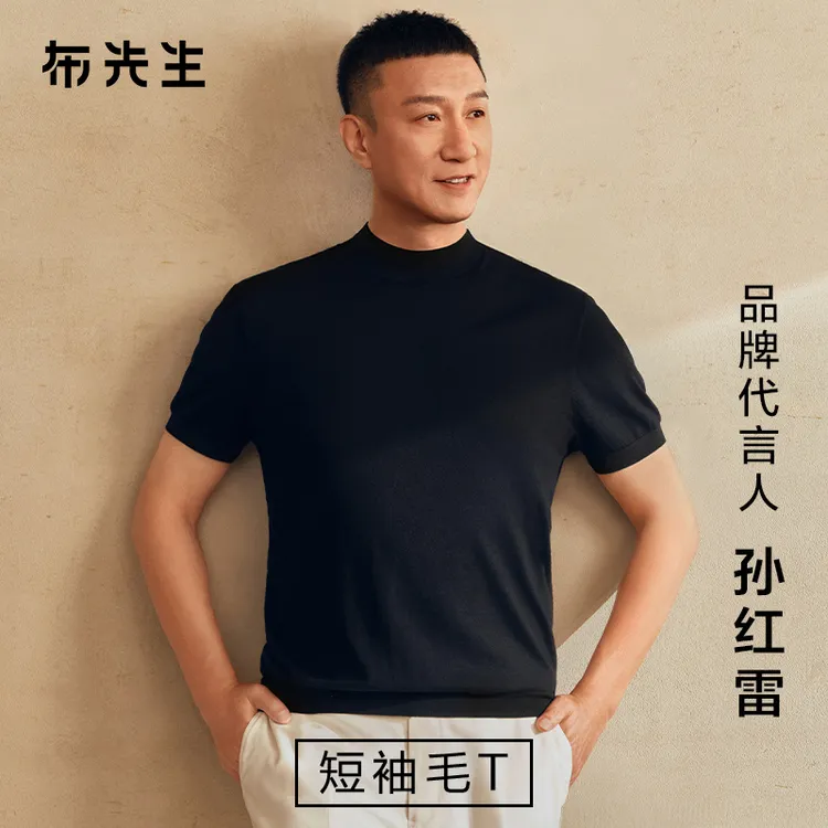 【孙红雷同款小高领】布先生可机洗毛T短袖羊毛衫男轻商务纯色打底商品图