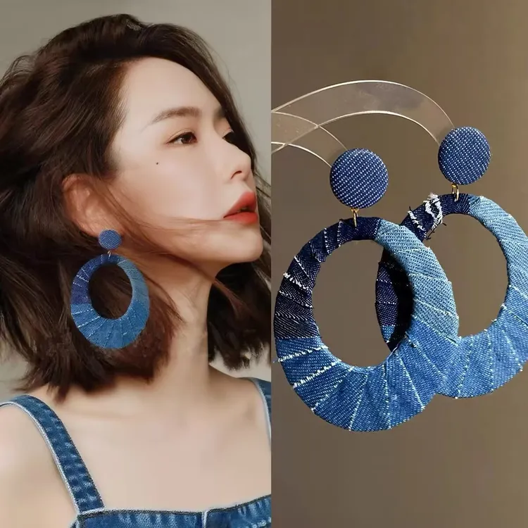 合金耳饰 轻奢布艺牛仔风椭圆形镂空耳钉高级感耳环时尚简约耳饰