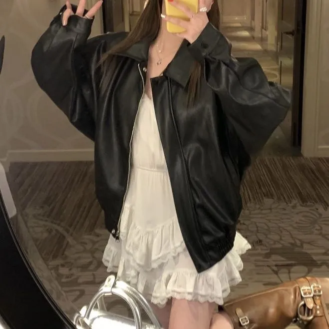 xi皮少女爱自由 定制pu复古黑色皮衣外套女夹克上衣