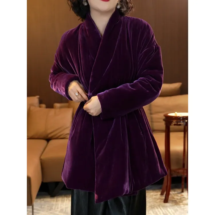 轻奢贵夫人高级感纯色丝绒棉服2026冬季新款洋气保暖V领显瘦外套