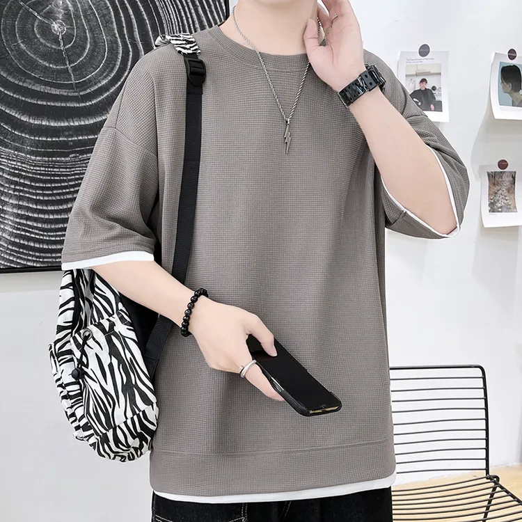 男士短袖薄款夏季宽松半袖百搭韩版宽松五分袖华夫格T恤短袖T恤