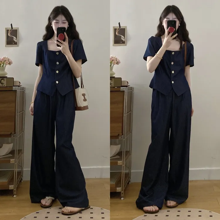 大码2025春夏新款气质显瘦复古方领牛仔上衣垂感阔腿裤洋气穿搭女