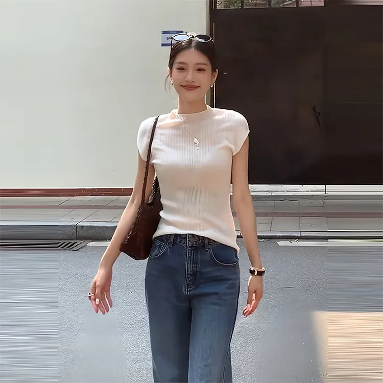 韩版简约修身显瘦小飞袖针织衫女士夏季新款短袖T恤休闲纯色上衣