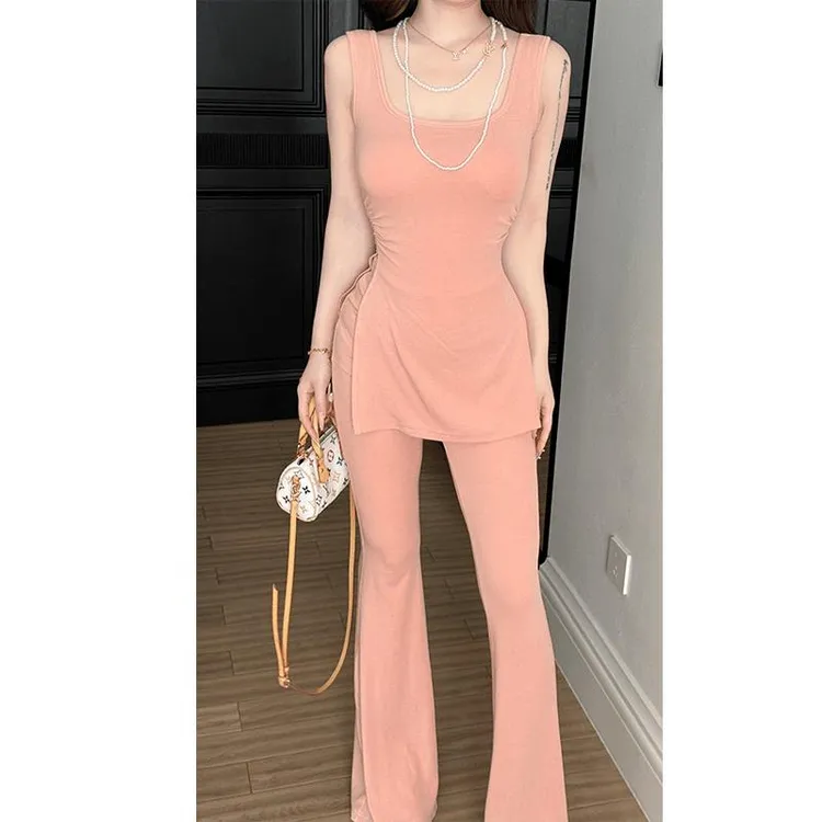 纯欲风炸街套装女无袖开叉背心大方得体穿搭一整套新款微喇休闲裤