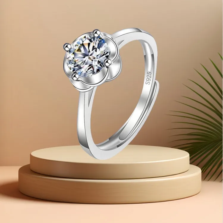 925银锆石戒指 时尚经典花朵莫桑石戒子女士指环高级感开口轻奢