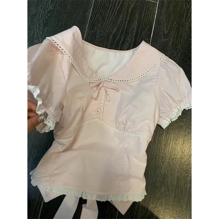 蕾丝蝴蝶结娃娃领辣妹短款上衣女夏季修身设计感小众甜美短袖T恤