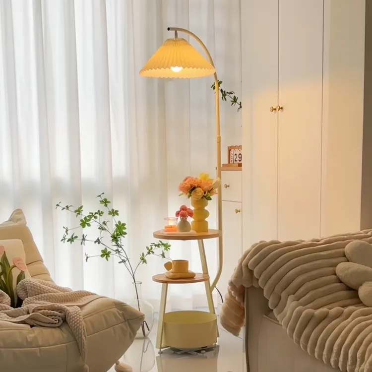 奶油原木风落地灯客厅沙发旁边几置物架摆件灯卧室床头柜一体台灯