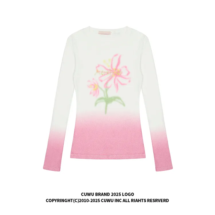 cuwu韩系少女花朵印花长袖T恤女夏季修身微透薄款防晒罩衫上衣潮
